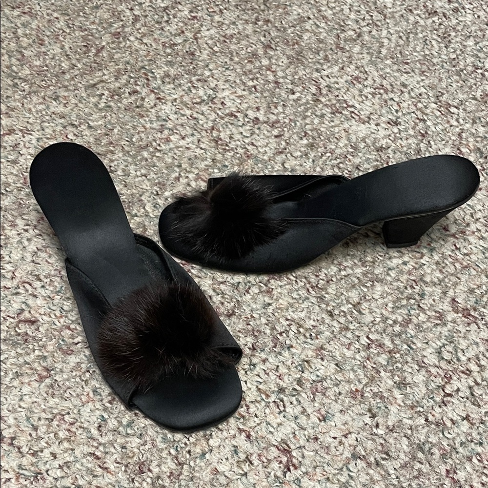 Vintage Black satin with monk Fur-Trimmed Women's Mules